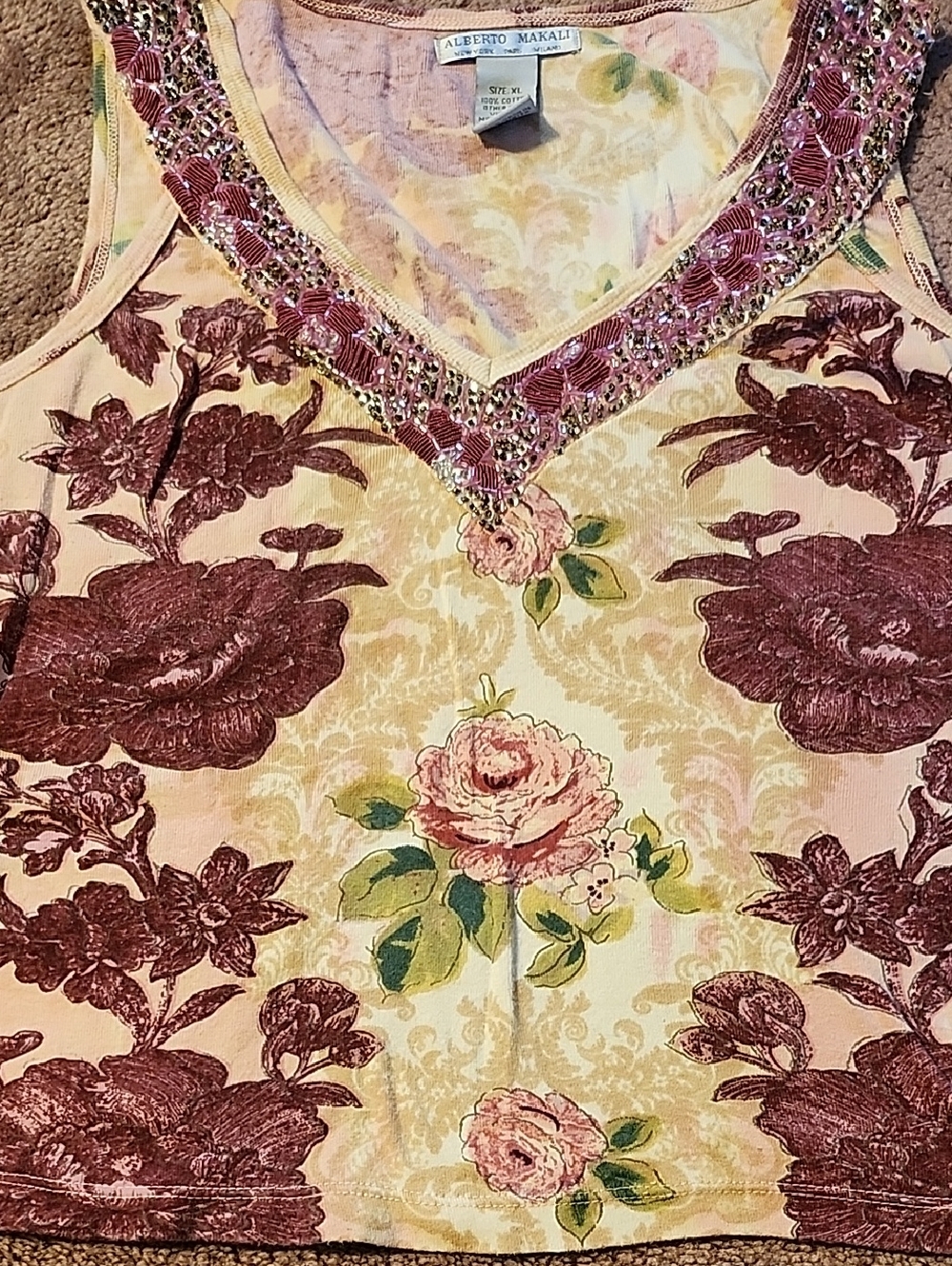 Alberto Makali Pink Floral Beaded V-Neck Tank